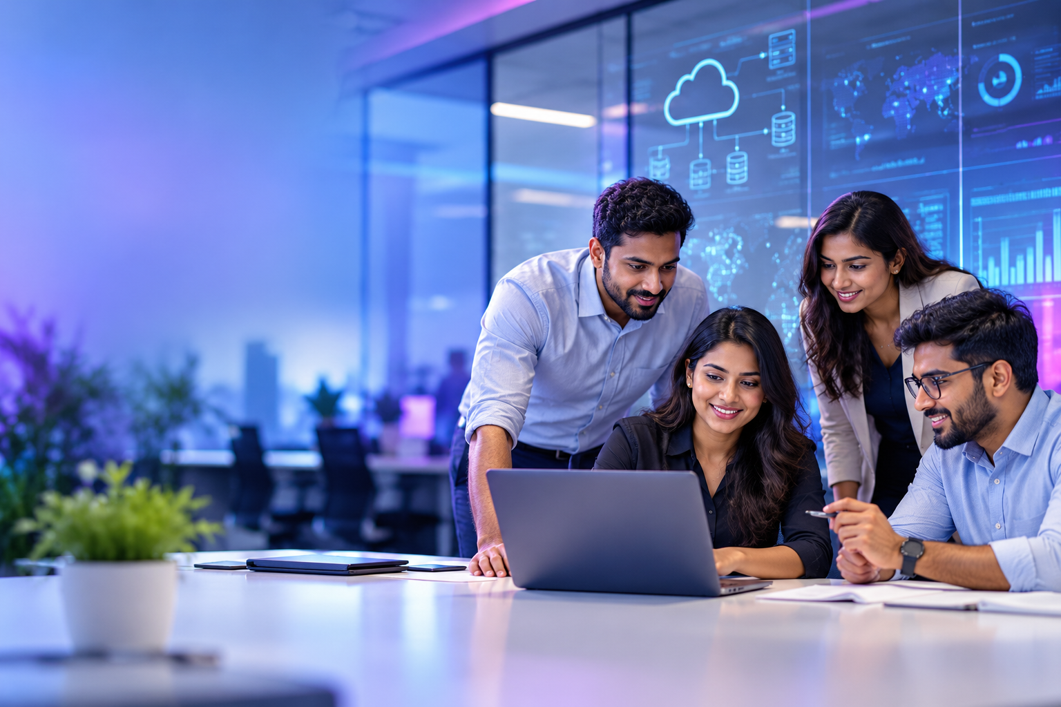 Technology professionals collaborating in a modern office